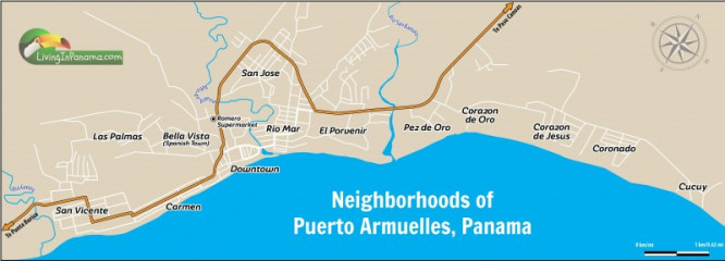 Shows some of the many neighborhoods in Puerto Armuelles