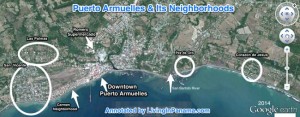 Google map of Puerto Armuelles with some of the neighborhoods marked