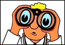 Cartoon man looking thru binoculars with big eyes