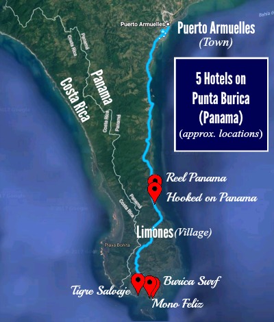 google earth map of punta burica with 5 hotels, Limones, and Puerto Armuelles locations indicated