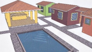 computer drawing of small cottages around a pool
