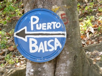 round blue sign with arrow to Puerto Balsa, nailed to a tree