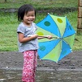 Little girl in rain with umbrella to the side