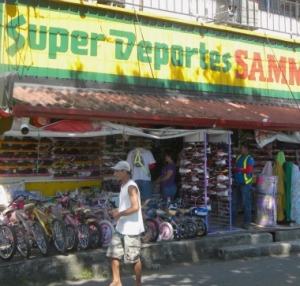 Street scene of sporting good store in Puerto Armuelles