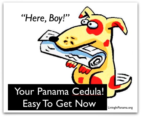 Cartoon dog with newspaper in mouth, text about Panama cedula