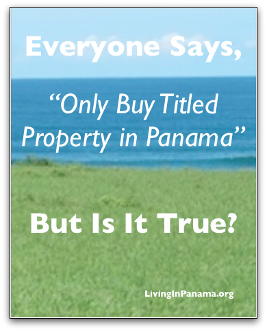 background of grass, ocean, & blue sky with text on top about buying titled proprerty