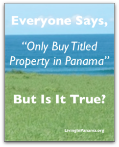 background of grass, ocean, & blue sky with text on top about buying titled proprerty