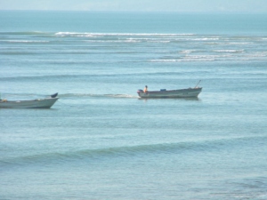 calm ocean with 2 fishing boats going by close to shore