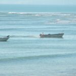 calm ocean with 2 fishing boats going by close to shore