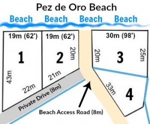 Site plan graphic and text of 3 beach front lots and 1 back lot in Puerto Armuelles, Panama