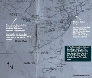 Line map of Punta Burica Pennisula showing areas that are outside of the10 Kilometer line