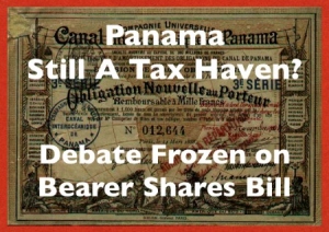 Bearer Share Certificate with Text about Panama and Possibly still being a tax haven on top.