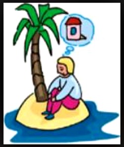 cartoon of person on tiny tropical island thinking of their home