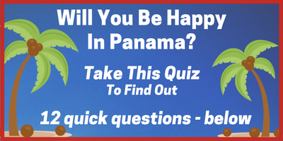 rectangle of blue sky & graphic of 2 palm trees with text about Panama quiz