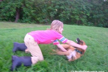 Young girl and dog playing on green grass