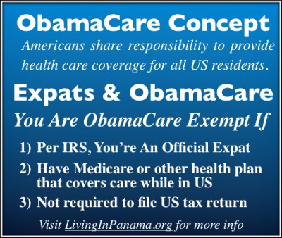 Blue Box with white text explaining the Concept of ObamaCare & Expat Exemptions