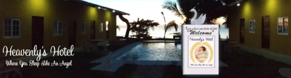 Hotel rooms around swimming pool at sunset with palm trees and ocean in background