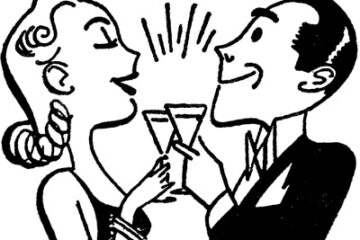 black line drawing of fancy dressed man and woman toasting with champagne