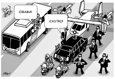 Cartoon showing Castro and Obama greeting each other one in a bus the other in a limo with lots of security