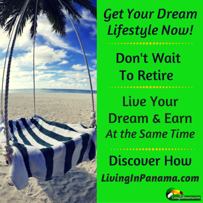 Photo of tropical beach and hanging chair beside a green blackground with brown text about not waiting to retire