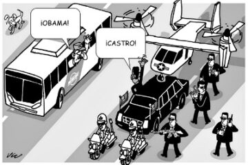 Cartoon showing Castro and Obama greeting each other one in a bus the other in a limo with lots of security