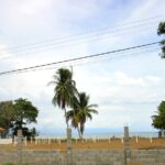 unstuccoed cement block wall with white posts, palm trees and ocean in sight