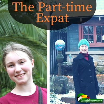 square with 2 images, one of girl in front of palm trees, same girl in the snow. Text , The Part-time Expat