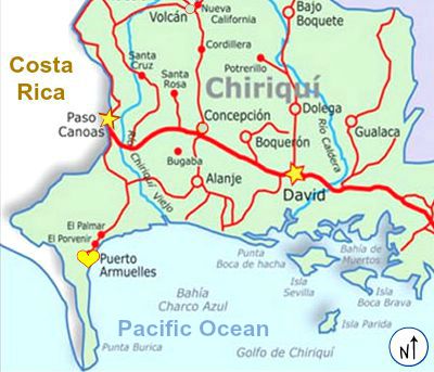 Map of Chiriqui province with yellow stars & hearts at key points