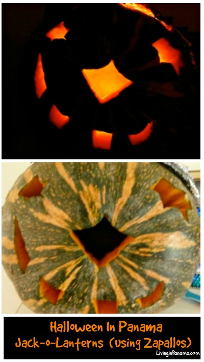 two photos, top a lighted jack o lantern, bottom same carved calabasa in daylight