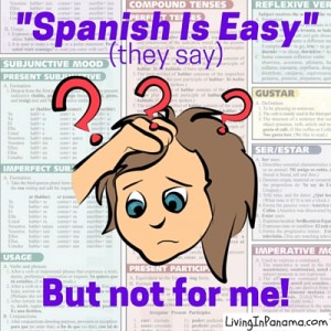 cartoon head of woman with question marks over page of Spanish grammer
