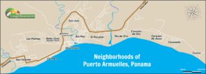 Map showing the main neighborhoods of Puerto Armuelles Panama