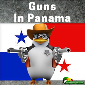 text: Guns in Panama on dark cement background with panama flag and penguin dress as sheriff with guns drawn
