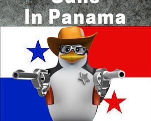 text: Guns in Panama on dark cement background with panama flag and penguin dress as sheriff with guns drawn