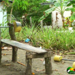 homemade bench set outside in yard