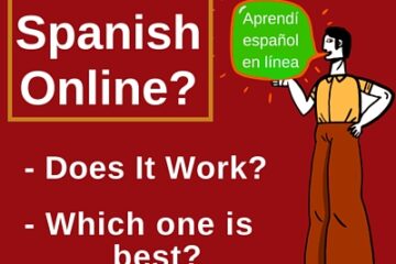 Image with red background and cartoon image of man with text regarding learning Spanish online