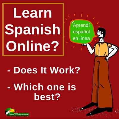 Image with red background and cartoon image of man with text regarding learning Spanish online