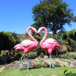 2 huge pink flamingos in a green garden