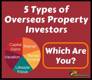 Maroon colored square with pie chart of 5 types of overseas property investors
