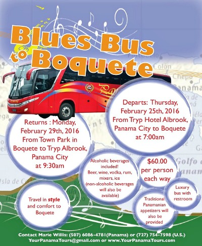Flyer with all details for the Blues Bus to Boquete for the Festival