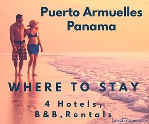 couple walking on beach with text about where to stay in Puerto Armuelles Panama
