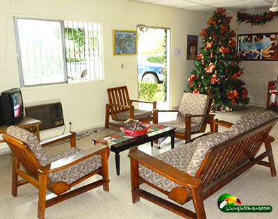 sitting area in lobby with tv and christmas tree