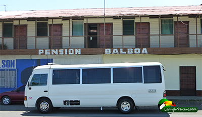white bus parked in front of hotel, Pension Balboa