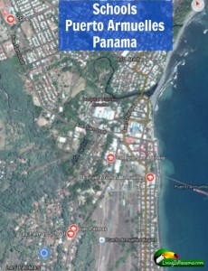 google earth map of Puerto Armuelles with school locations marked