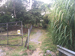 dirt trail to right of gate