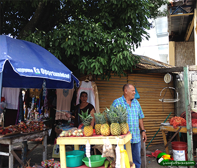 Man standing at his produce stand in Puerto armuelles panama