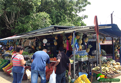people buying fruits and vegetables from produce stands in Panama