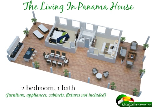 3D floor plan of the Living In Panama House - 2 bdroom, 1 bath version