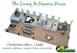 3D floor plan of the 3 bdroom, 2 bath Living In Panama House