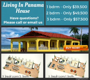 collage: yellow beach front house, 2 floor plans, and text about the Living in Panama House