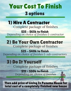Graphic of ocean with paddleboarder & text about cost for house finishes